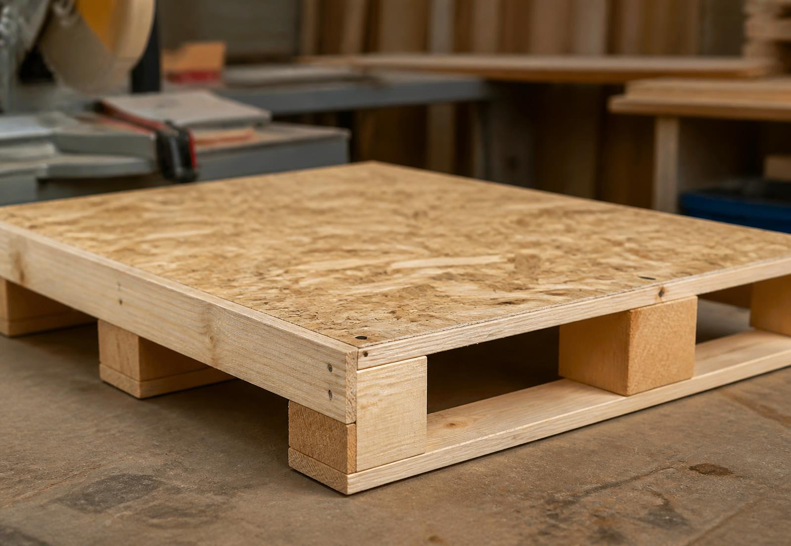 Close-up of a newly built custom pallet with OSB decking and solid lumber framing